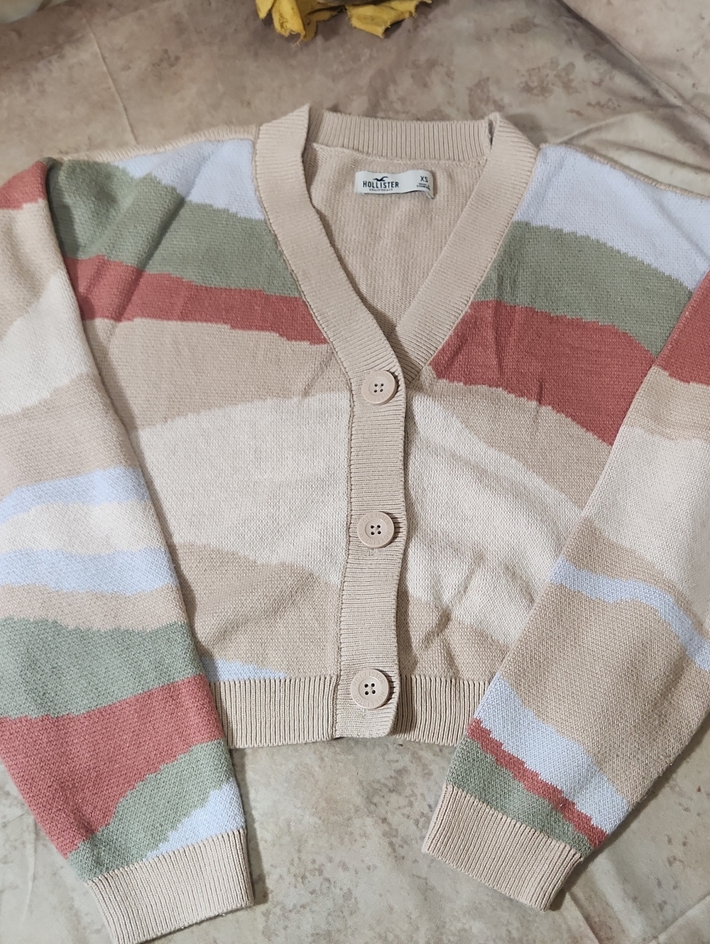 Hollister Cropped V-Neck Cardigan in Beige with Green, Rust & Light Blue Stripes